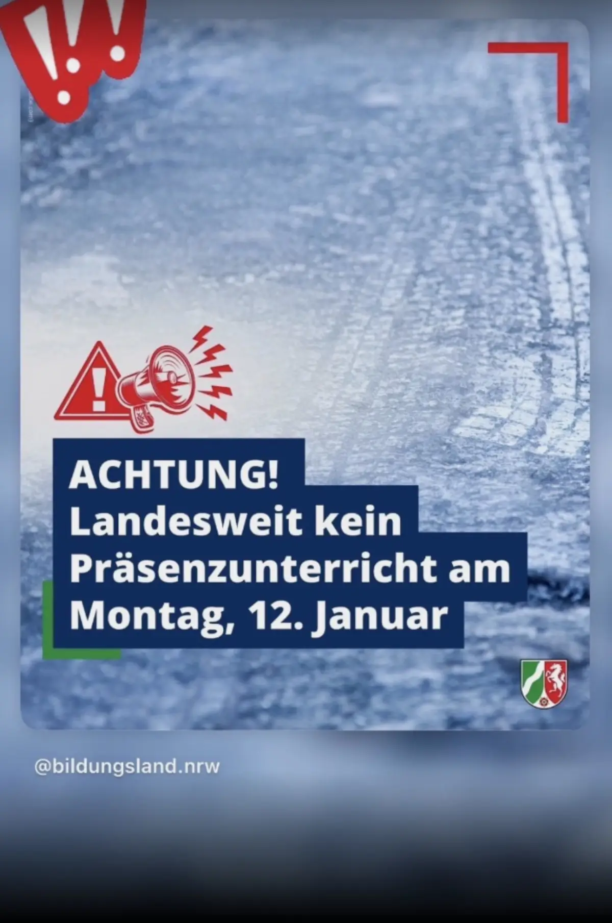 Achtung! Am Montag, dem 12.01.26, findet auf Anweisung des Schulministeriums wegen Gl&auml;ttegefahr kein Pr&auml;senzunterricht statt, sondern Distanzunterricht.