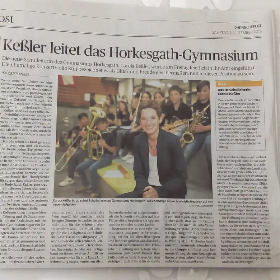 Neue Schulleitung am Gymnasium Horkesgath (Rheinische Post, 7. Sept. 2019)